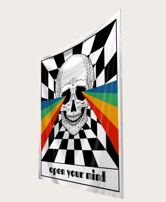 'Open Your Mind' Skull Rainbow Tapestry